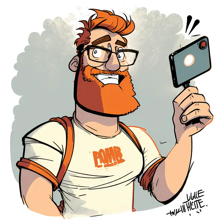 Cartoon Man with Beard Taking a Selfie