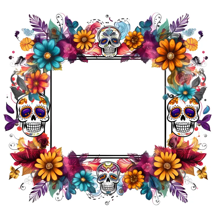 Artistic Skull and Flowers Decorative Frame for Day of the Dead