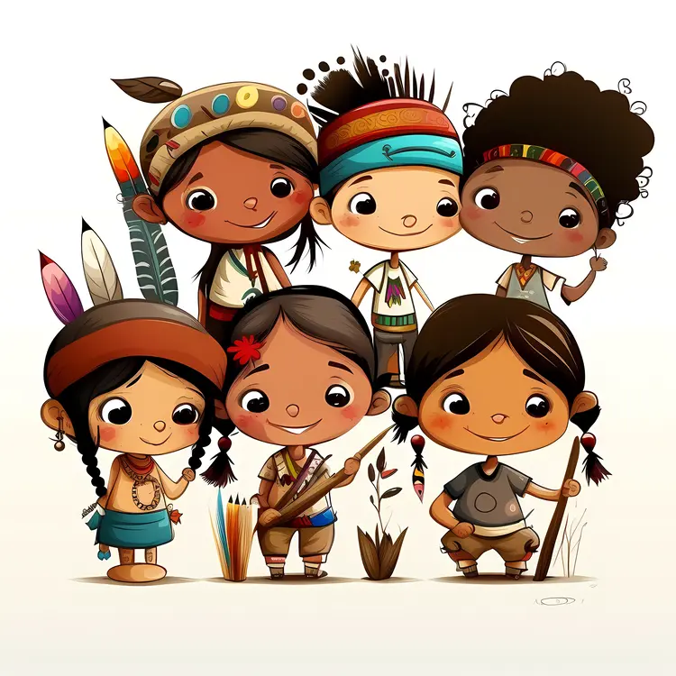 Group of Native American Children with Feathers and Traditional Clothing