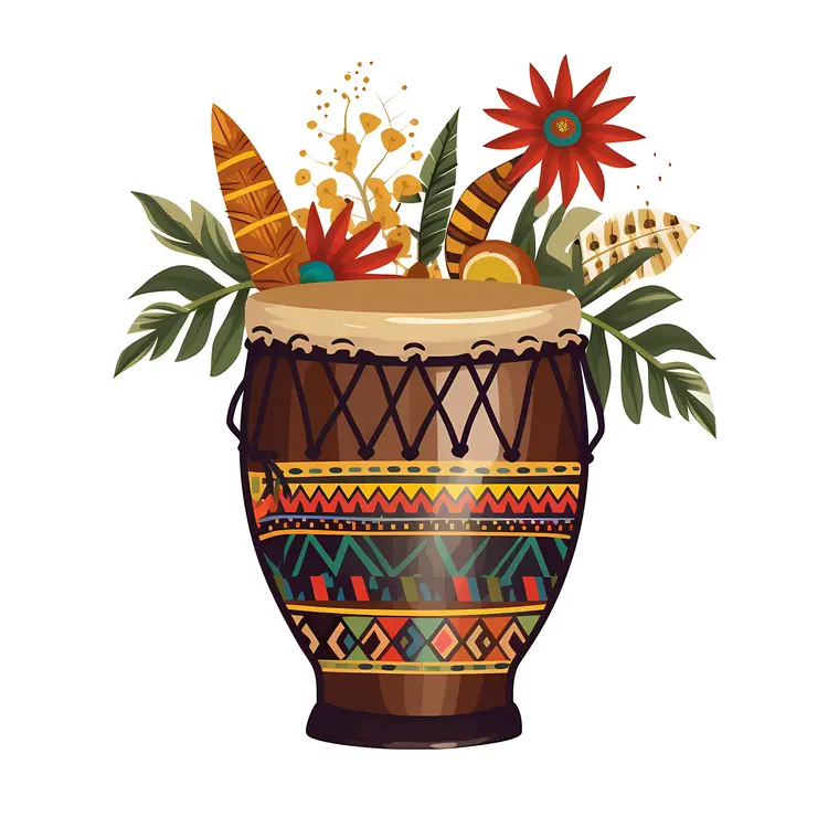 Colorful Tribal Drum with Flowers and Leaves