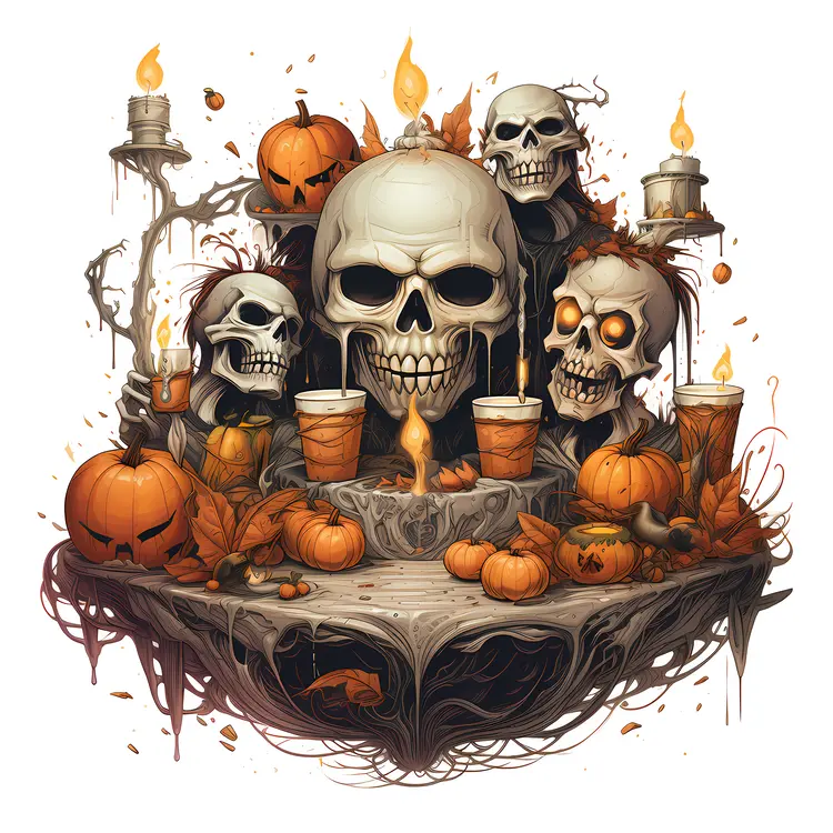 Skulls with Pumpkins and Halloween Decorations