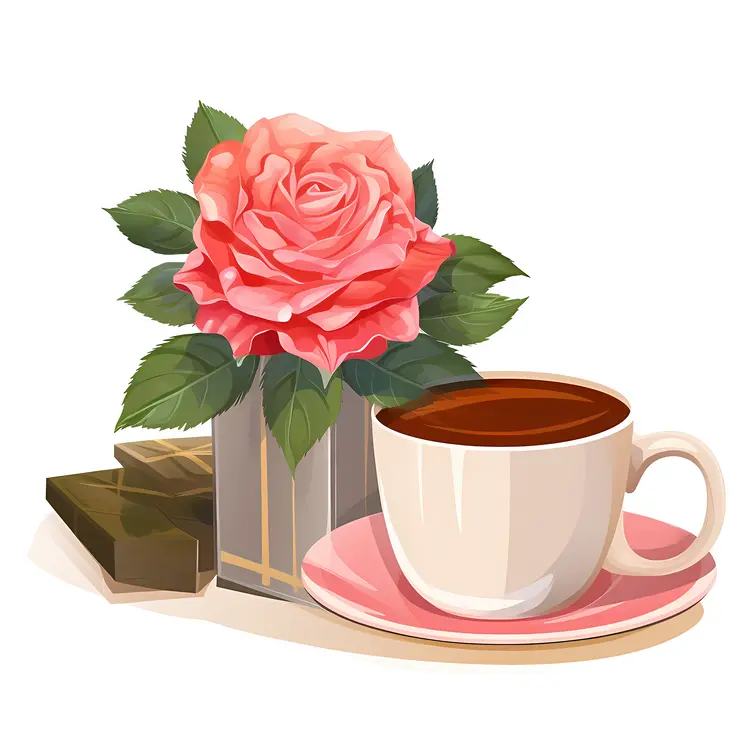 Pink Rose and Coffee Cup with Chocolate
