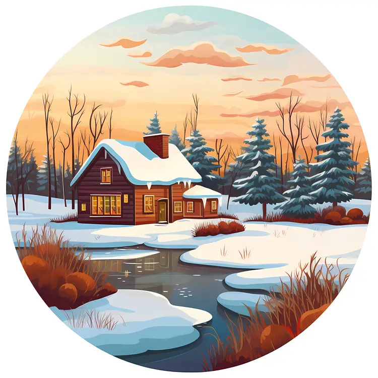 Snowy Cabin in Winter Forest