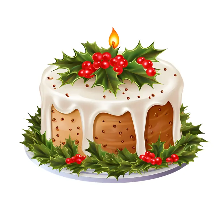 Christmas Cake with Holly Leaves and Red Berries