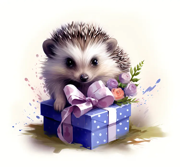 Hedgehog with a Blue Gift Box