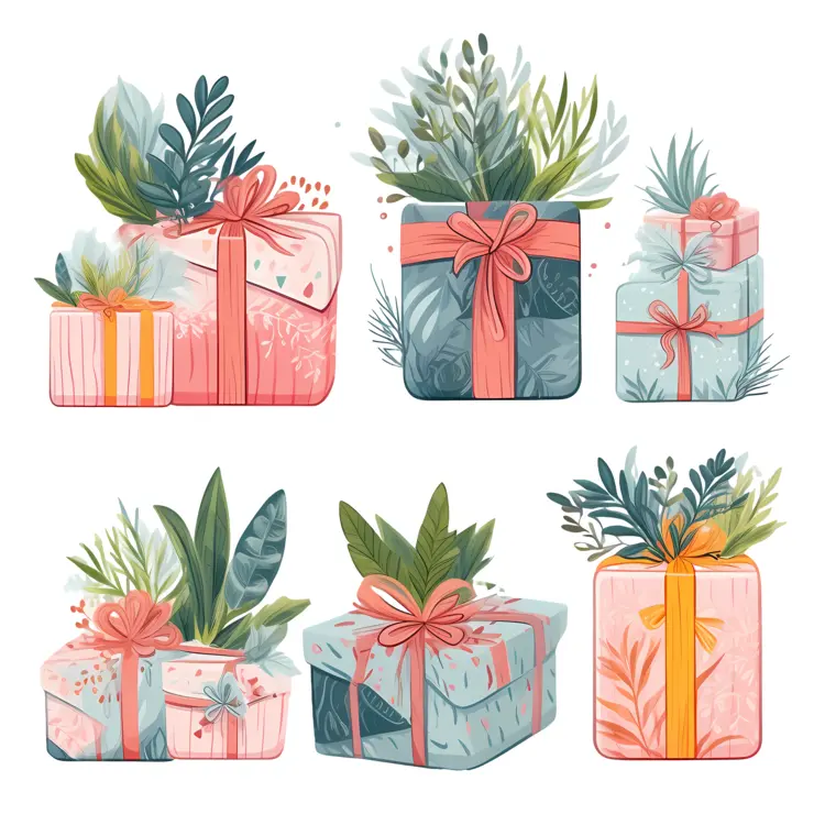 Gift Boxes with Greenery and Red Ribbons