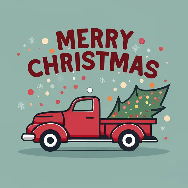 Red Truck with Christmas Tree and Snowflakes