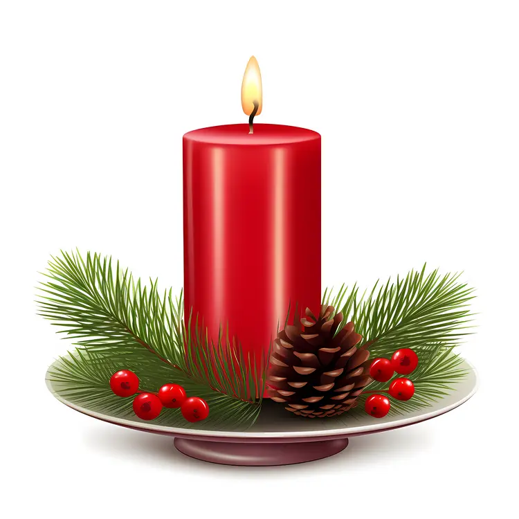 Red Candle with Pinecone and Holly