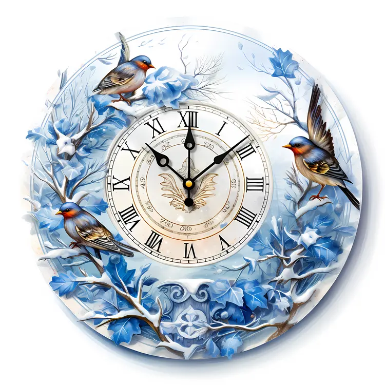 Birds and Flowers Clock with Blue Floral Design