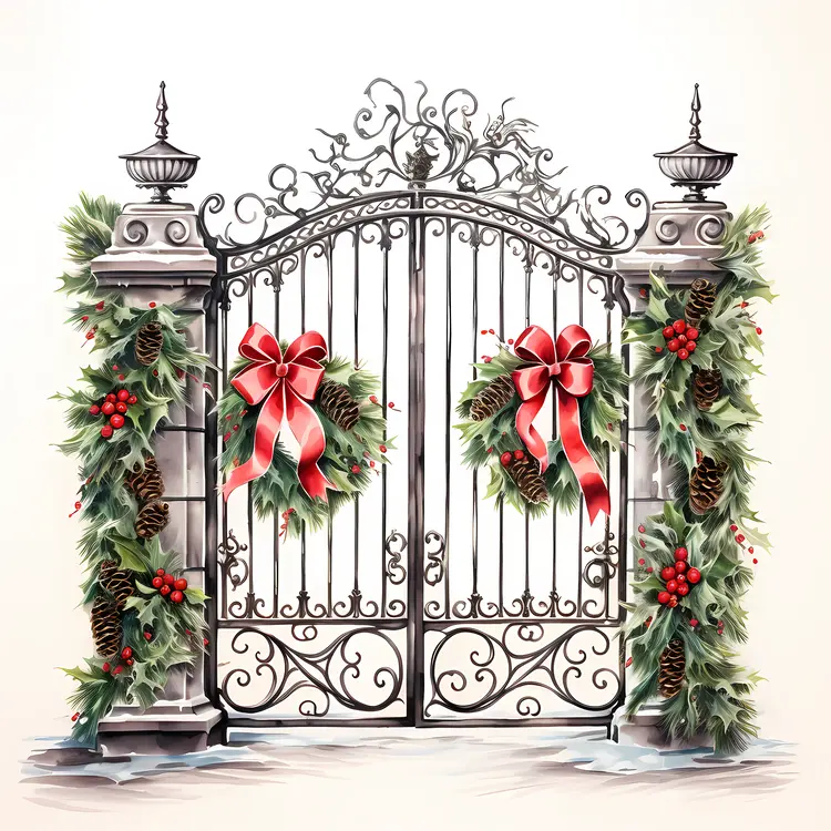 Christmas Gate with Wreaths and Red Bows