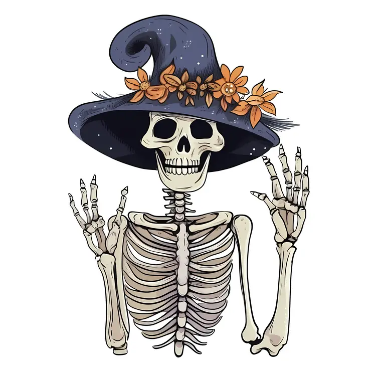 Skeleton with Witch Hat and Flowers for Halloween