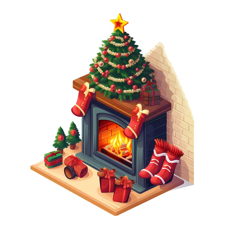 Christmas Fireplace with Tree and Stockings