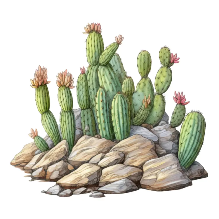 Blooming Cactus Cluster with Rocks