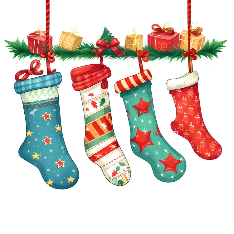 Christmas Stockings with Gifts and Holly