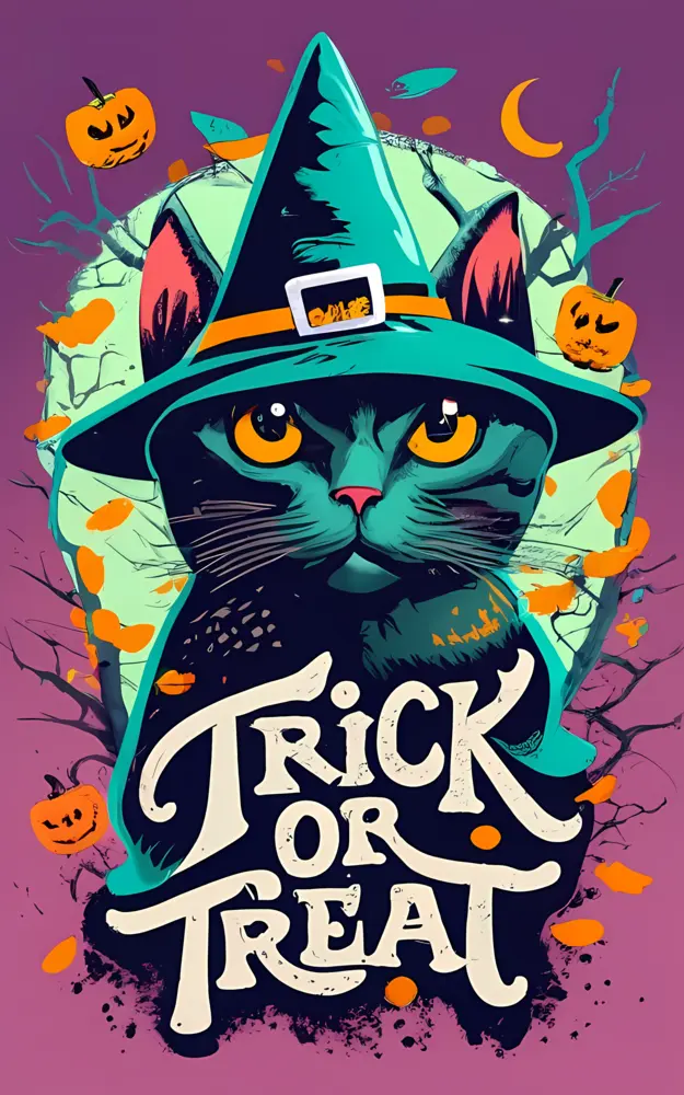 Black Cat with Witch Hat and Pumpkins for Trick or Treat