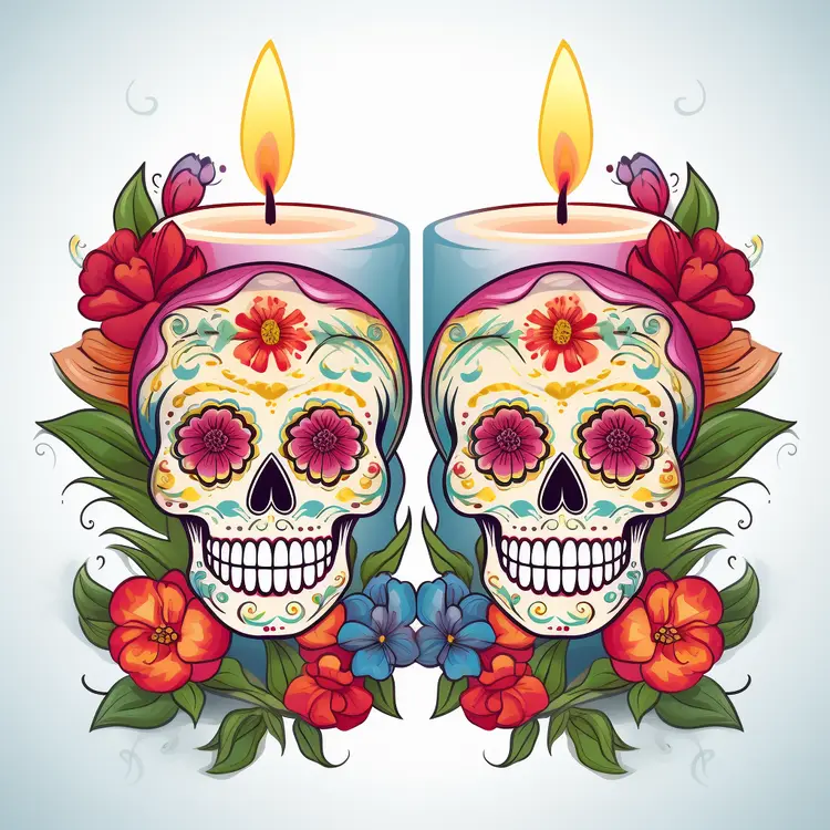 Colorful Sugar Skulls with Candles and Flowers for Day of the Dead