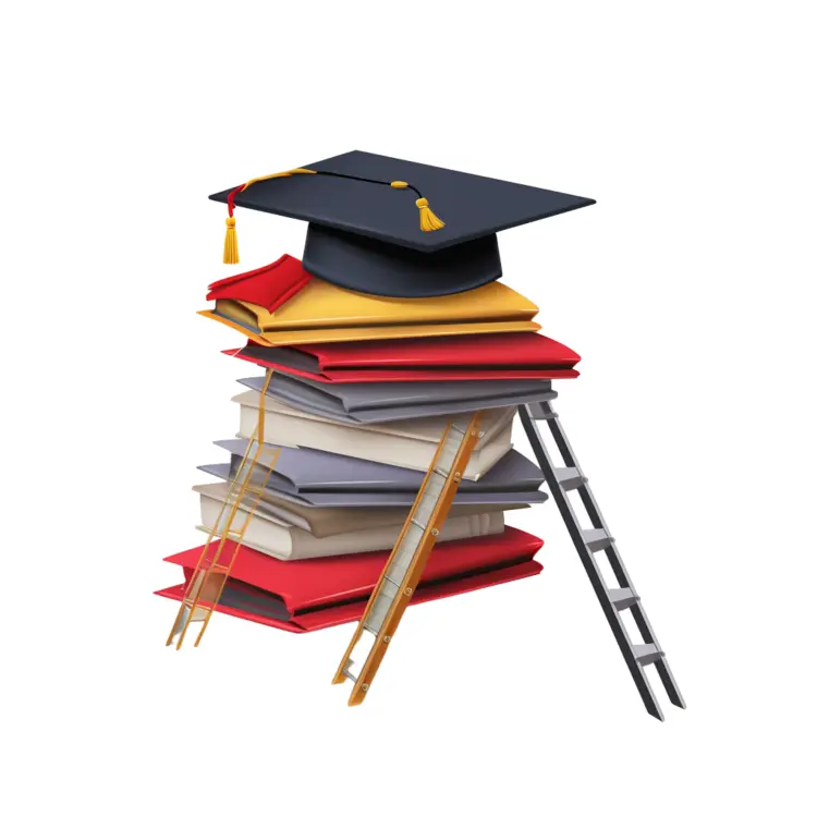 Graduation Cap on Stack of Books with Ladders