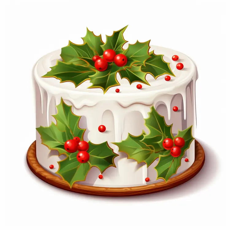 Christmas Cake with Holly Leaves and Red Berries