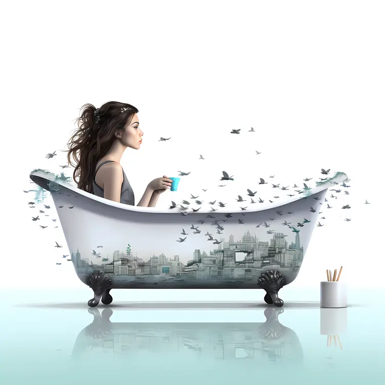 Woman in Bathtub with Cityscape and Birds