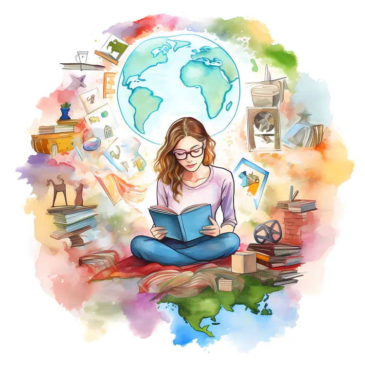 Girl Reading a Book with Educational Elements