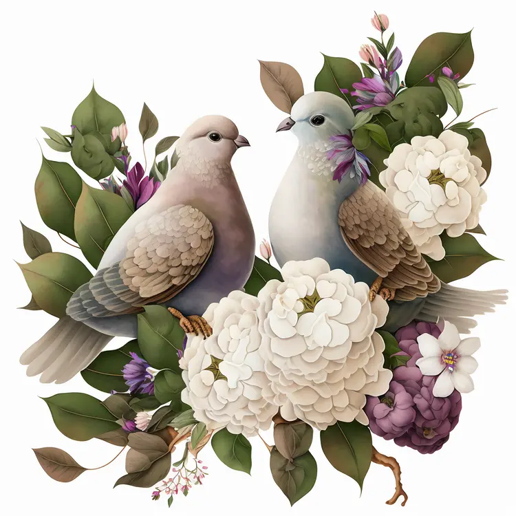 Beautiful Doves with Flowers and Leaves