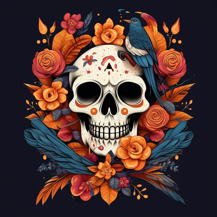 Artistic Skull with Flowers and Bird for Day of the Dead Celebration