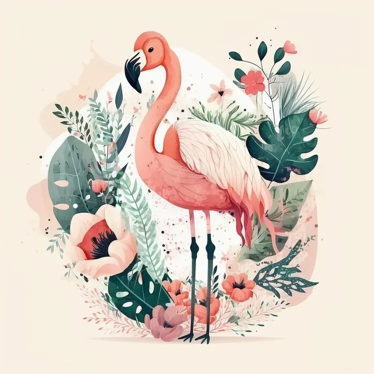 Beautiful Flamingo with Tropical Plants and Flowers
