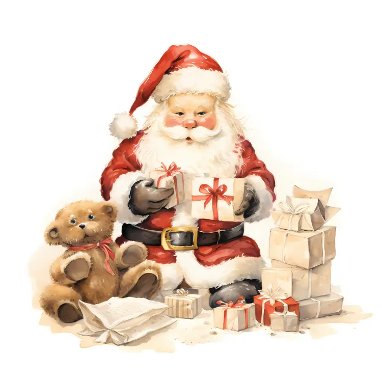 Santa Claus with Gifts and Teddy Bear
