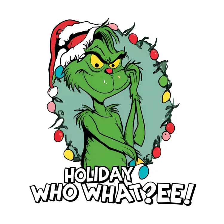 Grinch with Christmas Lights and 'Holiday Who What? Ee!' Text