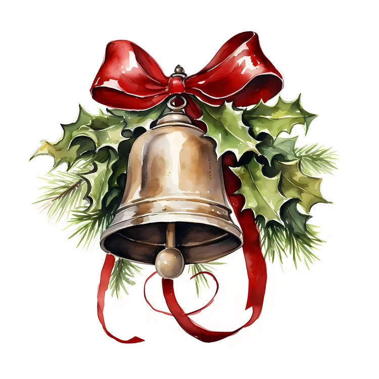 Golden Bell with Red Bow and Holly Decorations