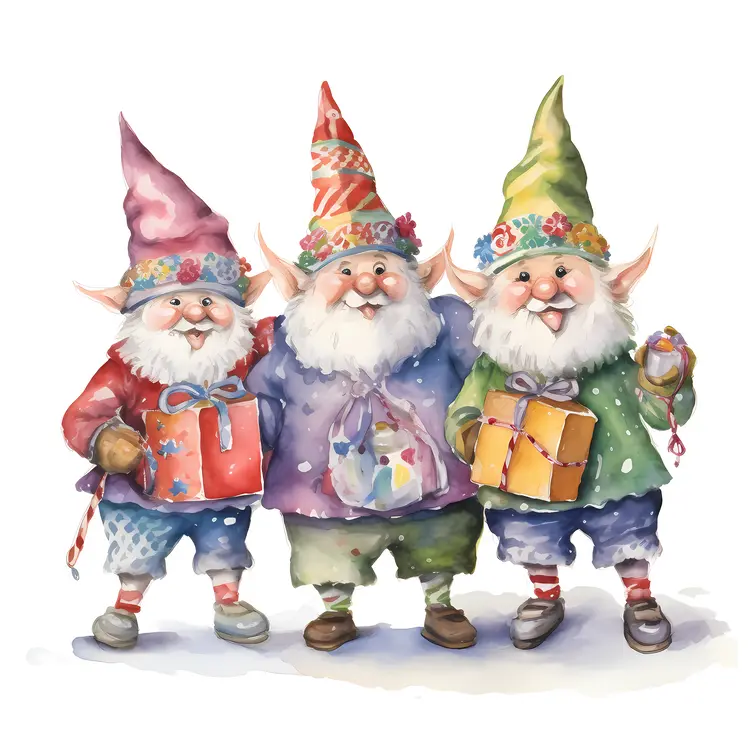 Cheerful Gnomes with Holiday Gifts
