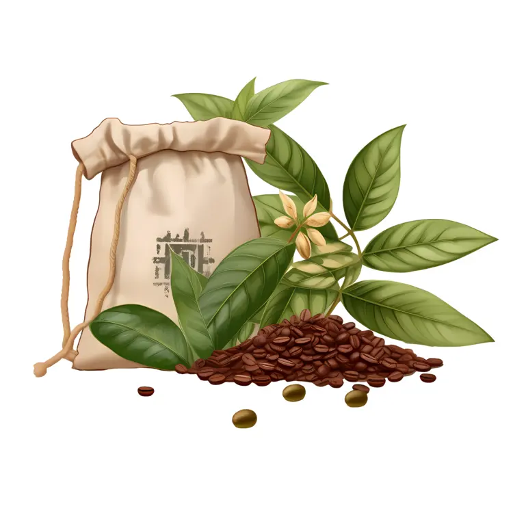 Coffee Beans with Leaves and Sack