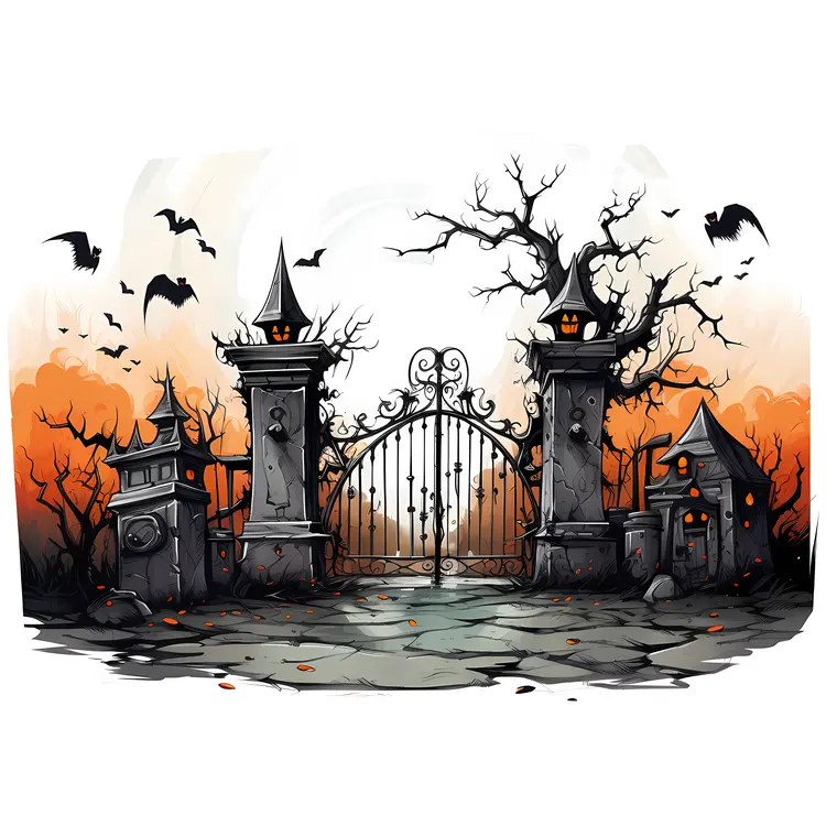 Haunted Gate with Spooky Decorations