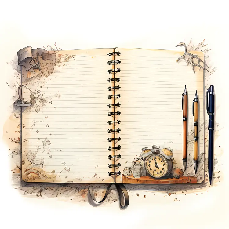 Open Notebook with Pens and Clock