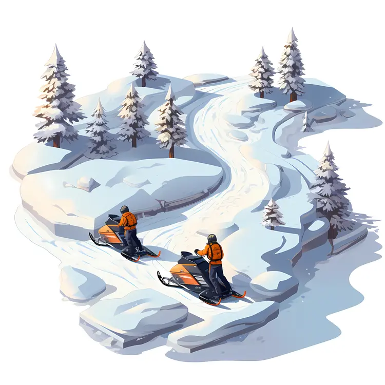 Two Snowmobiles on a Snowy Trail