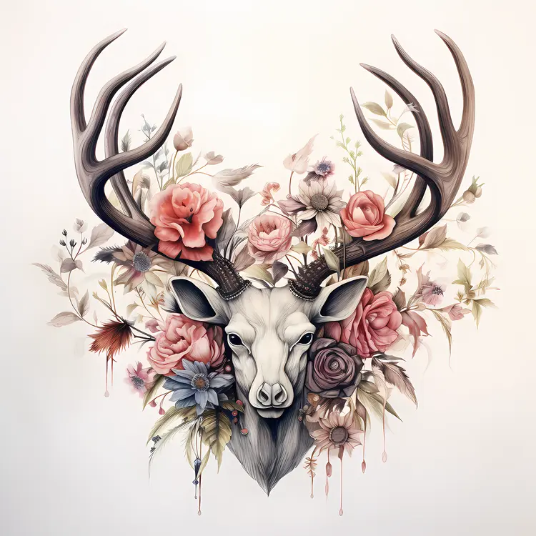 Deer Skull with Floral Art