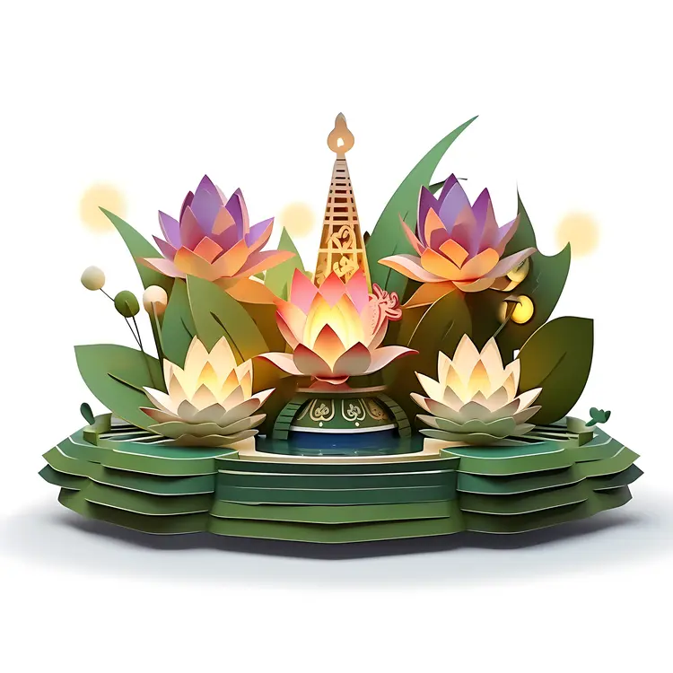 Lotus Flowers with Lantern in a Decorative Setting