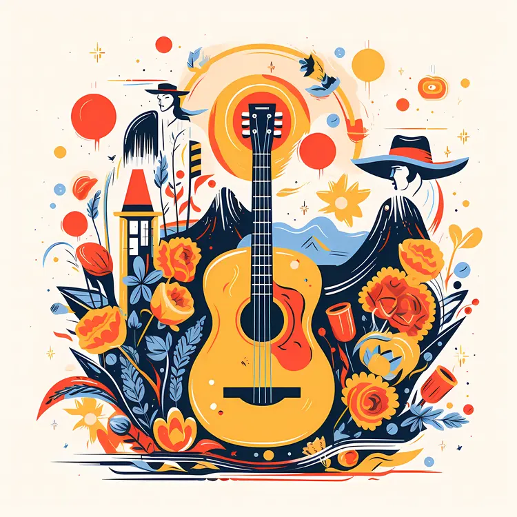 Colorful Guitar with Flowers and Hats