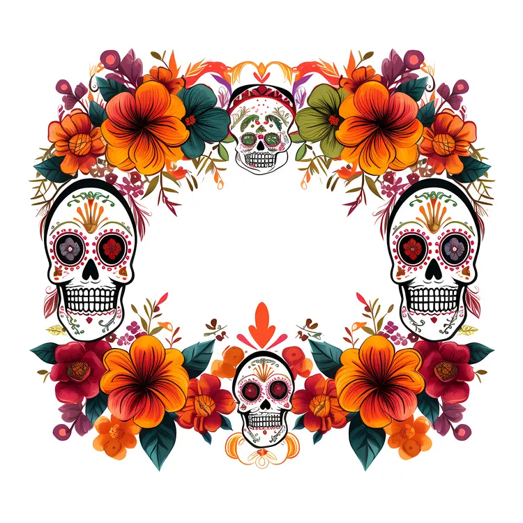 Ornate Skull and Flowers Decorative Frame for Day of the Dead