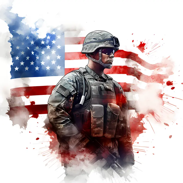 American Soldier in Uniform with Flag Background