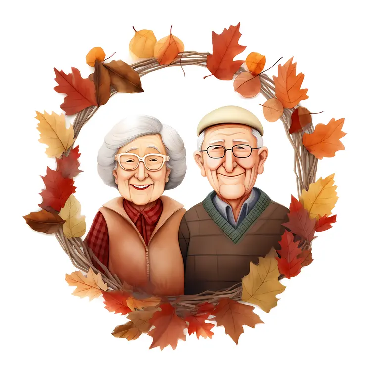 Elderly Couple in Autumn Wreath for Thanksgiving
