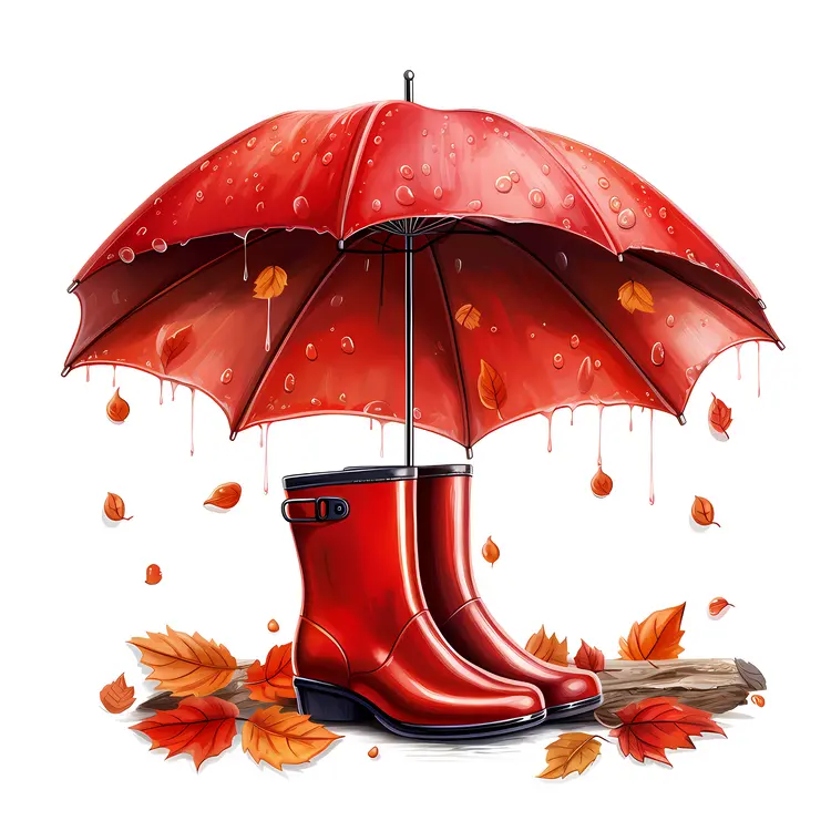 Red Boots and Umbrella with Autumn Leaves
