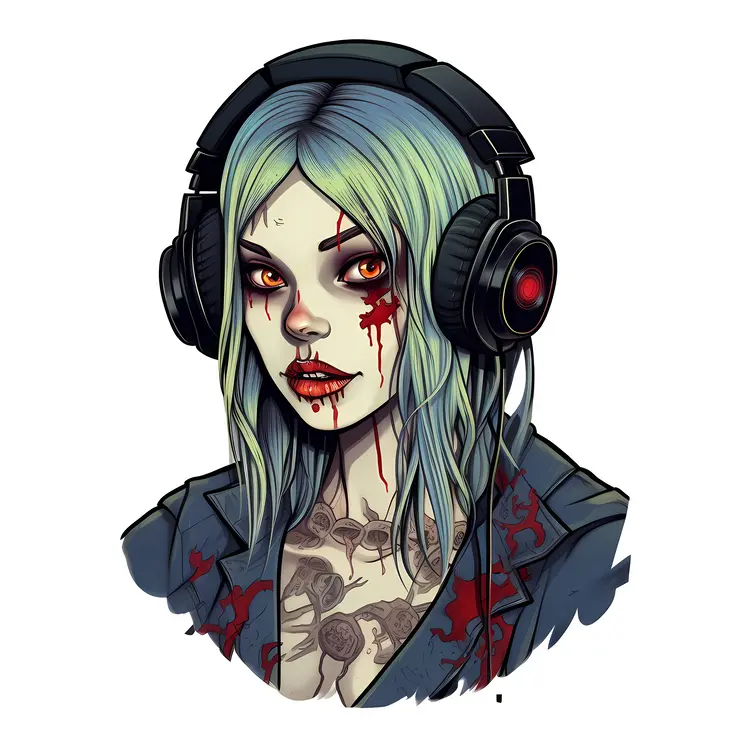 Zombie Girl with Headphones and Tattoos