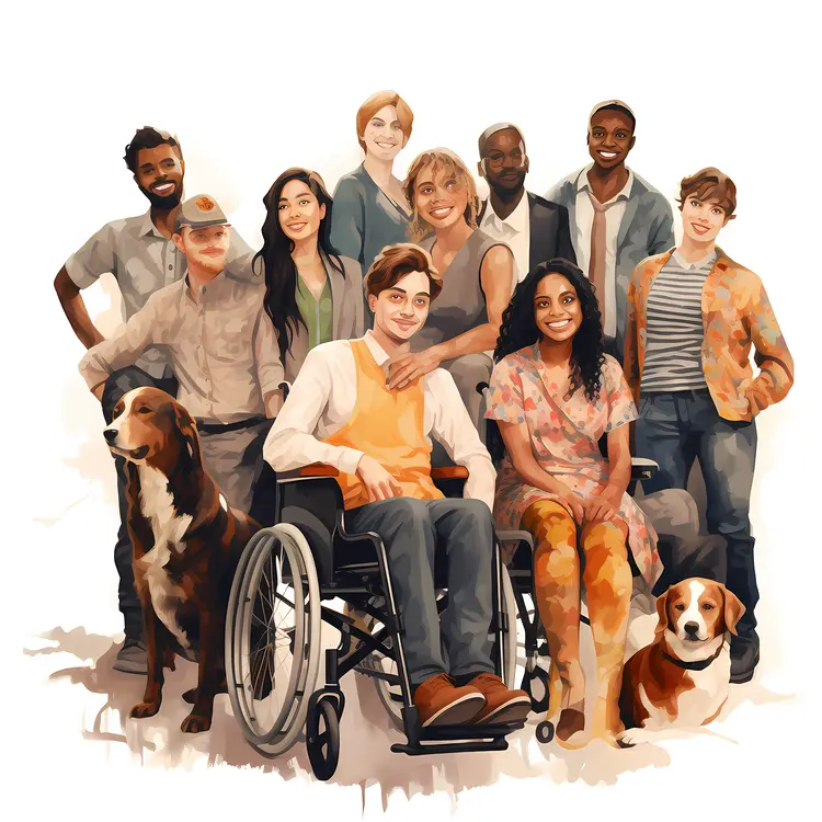 Diverse Group with Person in Wheelchair and Dogs