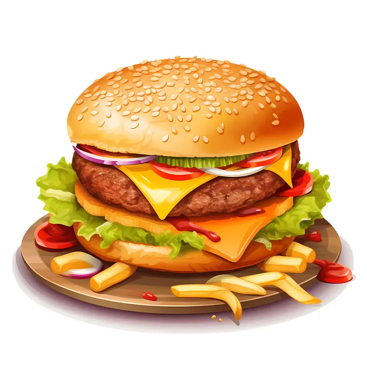 Juicy Cheeseburger with Fries on Plate