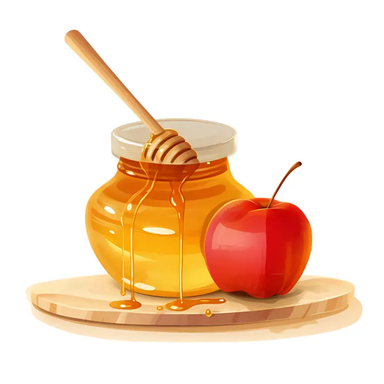 Honey Jar with Apple on Wooden Board