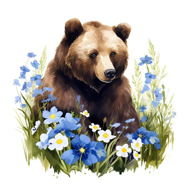 Brown Bear Surrounded by Blue Flowers
