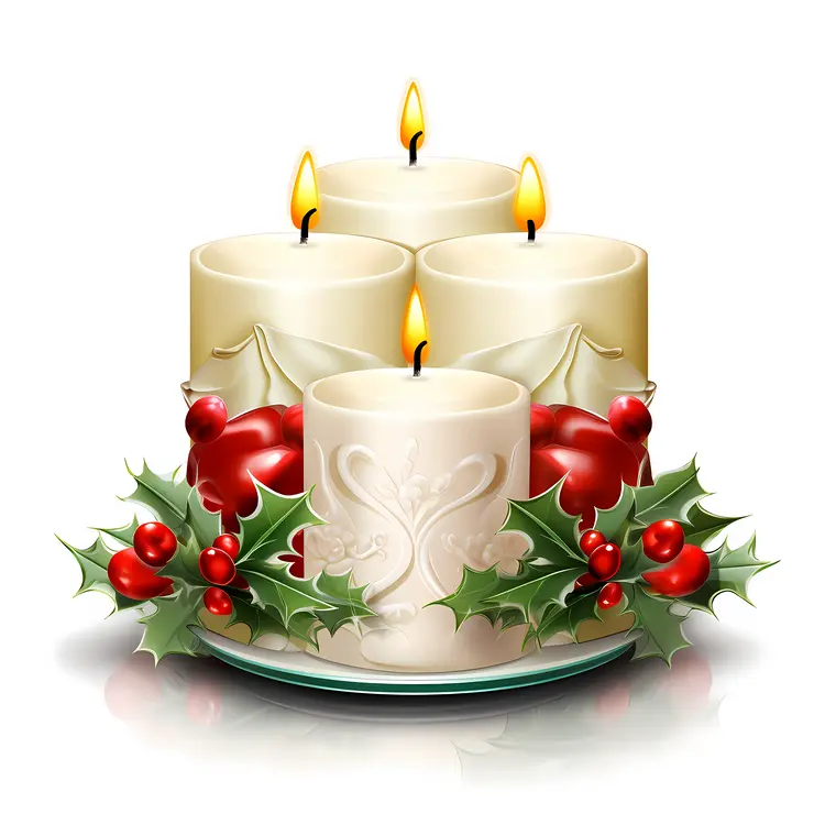 White Candles with Holly and Red Berries