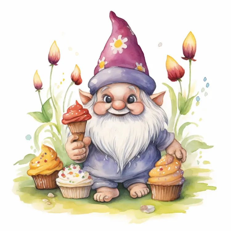 Cute Gnome with Cupcakes in a Garden