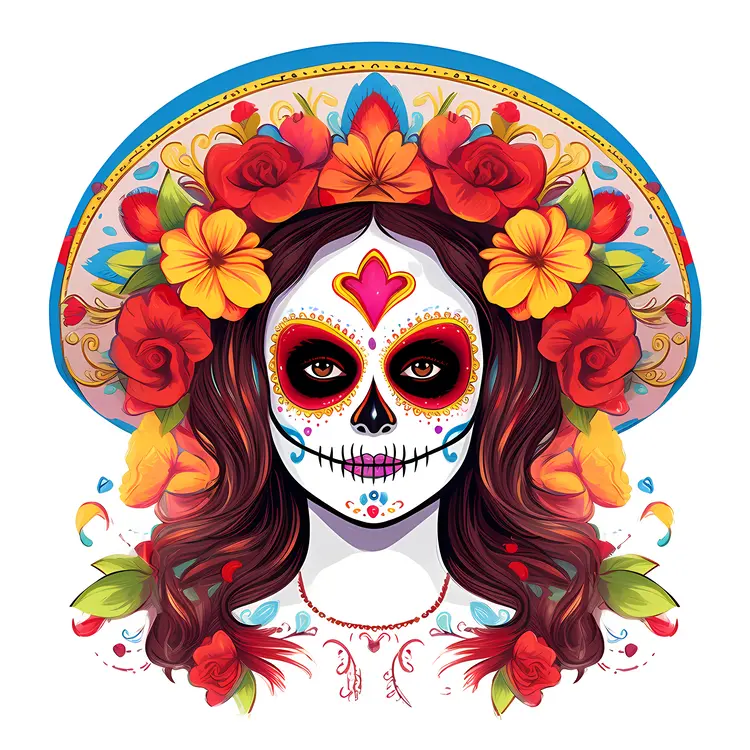 Colorful Sugar Skull with Floral Hat for Day of the Dead Celebration